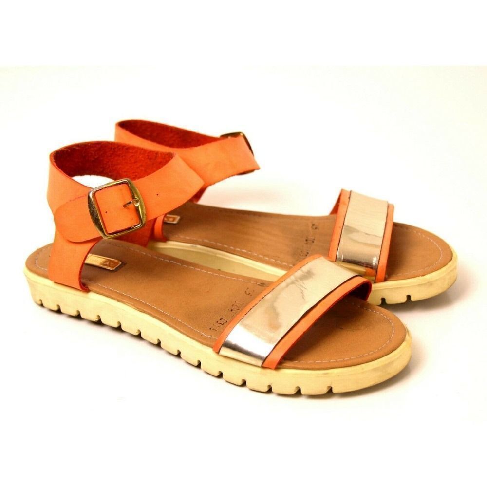 G'S GABRIELA'S ORANGE GOLD LEATHER ROUND TOE FLAT SLINGBACK SANDALS SHOES Sz 8.5